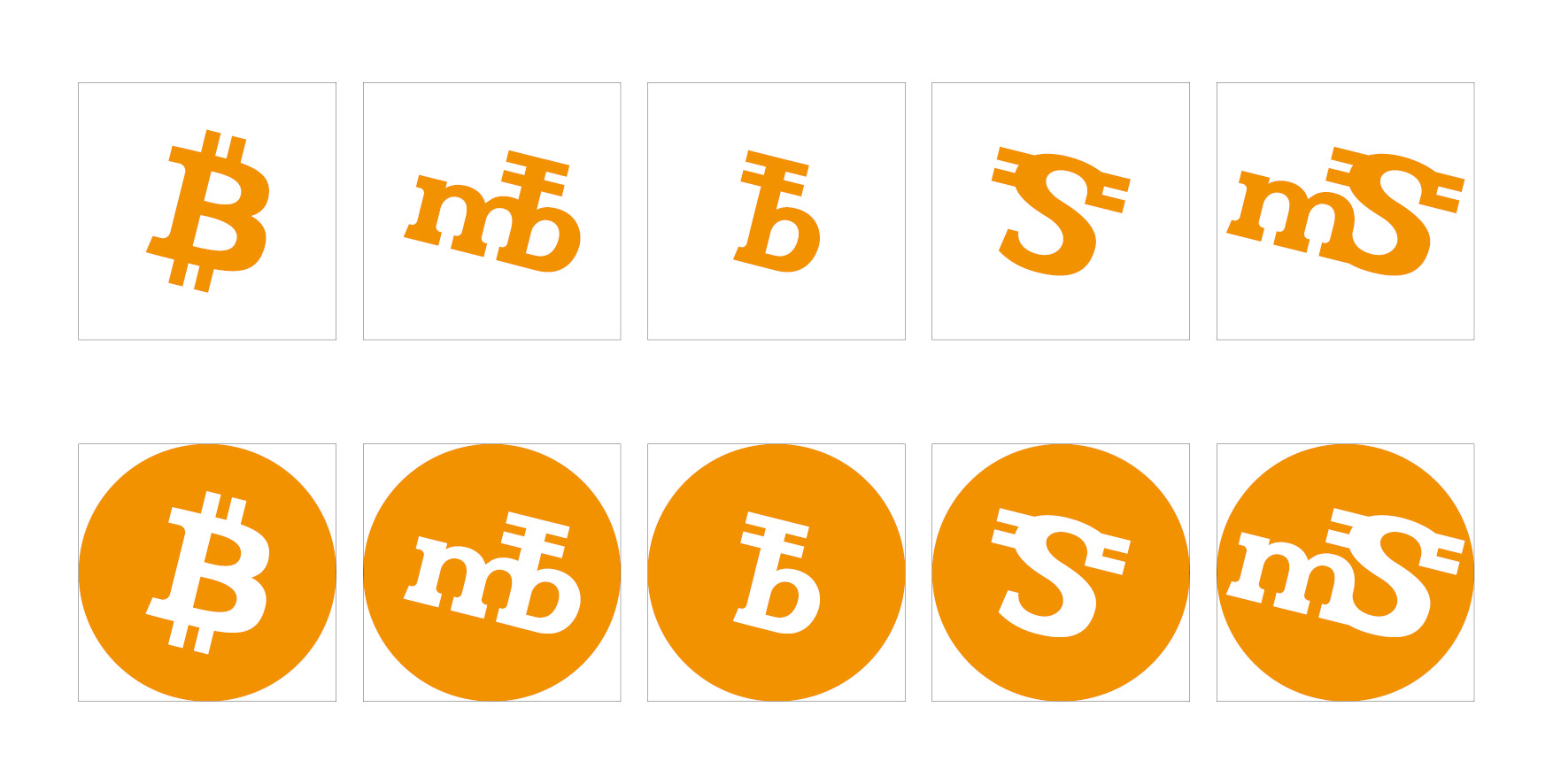 All 5 Bitcoin Signs in Orange and in white with an orange circle